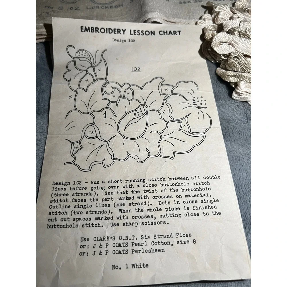 Vintage Embroidery Luncheon Set Design 102 Stamped Linen J&P Coats Thread Floral